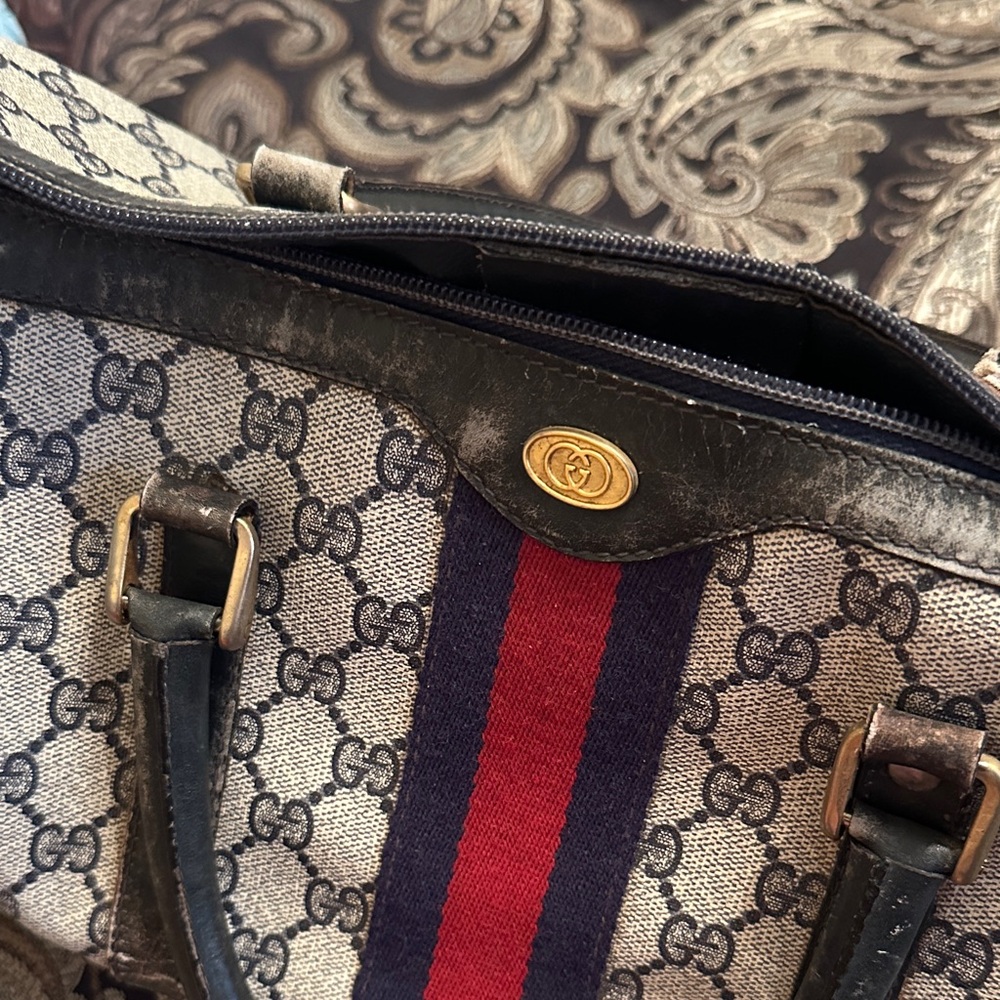 Gucci Beige Monogram Tote with Red and Navy Stripe - Picture 2 of 12